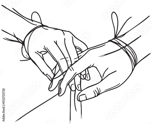 one line sketch two hands tied with a string. Interdependence, dependence