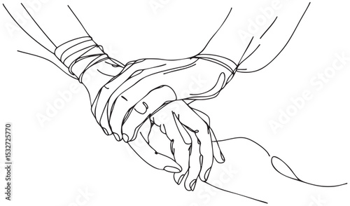 one line sketch two hands tied with a string. Interdependence, dependence