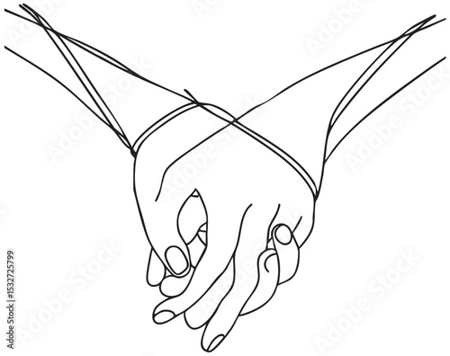 one line sketch two hands tied with a string. Interdependence, dependence