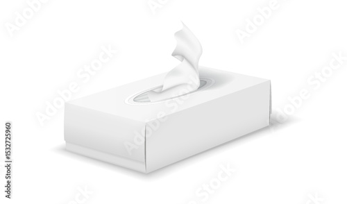 Illustration of a realistic tissue box in white hues. This depiction showcases the box with a tissue emerging, emphasizing hygiene in a minimalist style.