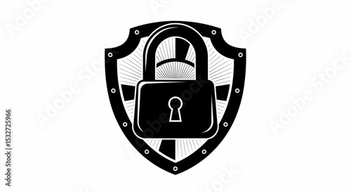 This high-quality vector illustration features a solid black padlock silhouette with a curved shackle and keyhole, layered over a multi-layered shield silhouette with rivets, all with fine details.