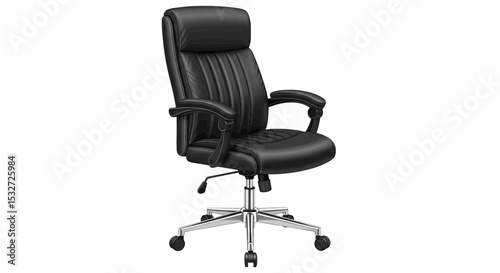 This high-quality vector illustration features a black leather office chair with a high back, padded armrests, and a five-point chrome base with casters, all with fine details on a white background.