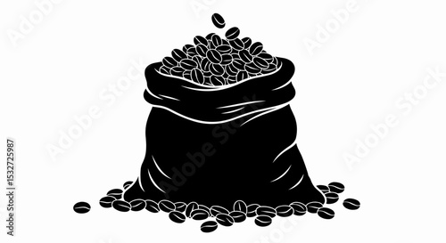 This flat, high-quality vector illustration features a solid black burlap sack overflowing with roasted coffee beans, all with clear, defined edges and minimal detail on a white background.
