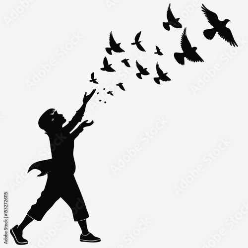 A person releasing pigeons into the sky image silhouette design vector art and illustration	