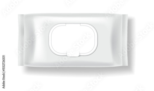 Empty packaging design for wet wipes with realistic details. White and minimalistic style, emphasizing hygiene and cleanliness. Ideal for branding purposes.