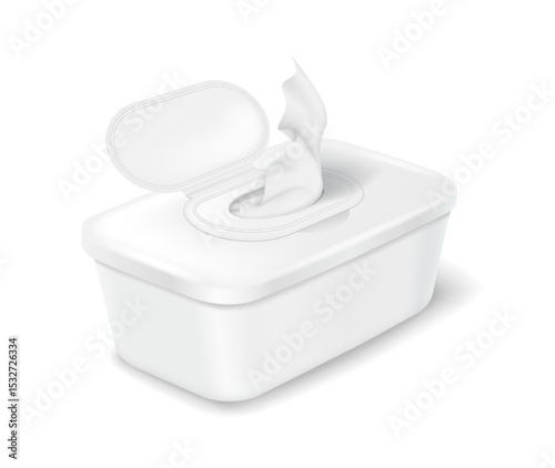 Plastic container with open lid and a tissue emerging. Realistic style in white color. Represents convenient hygiene product usage in household settings.