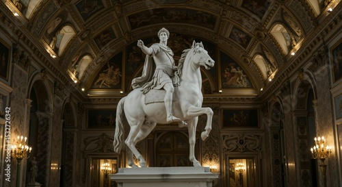 Majestic marble equestrian statue graces an opulent palace interior space