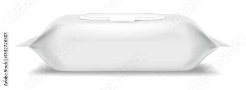 Realistic illustration of white wet wipes packaging with a plastic lid. Minimalistic design. Useful for product mockups. Isolated on a plain white background.