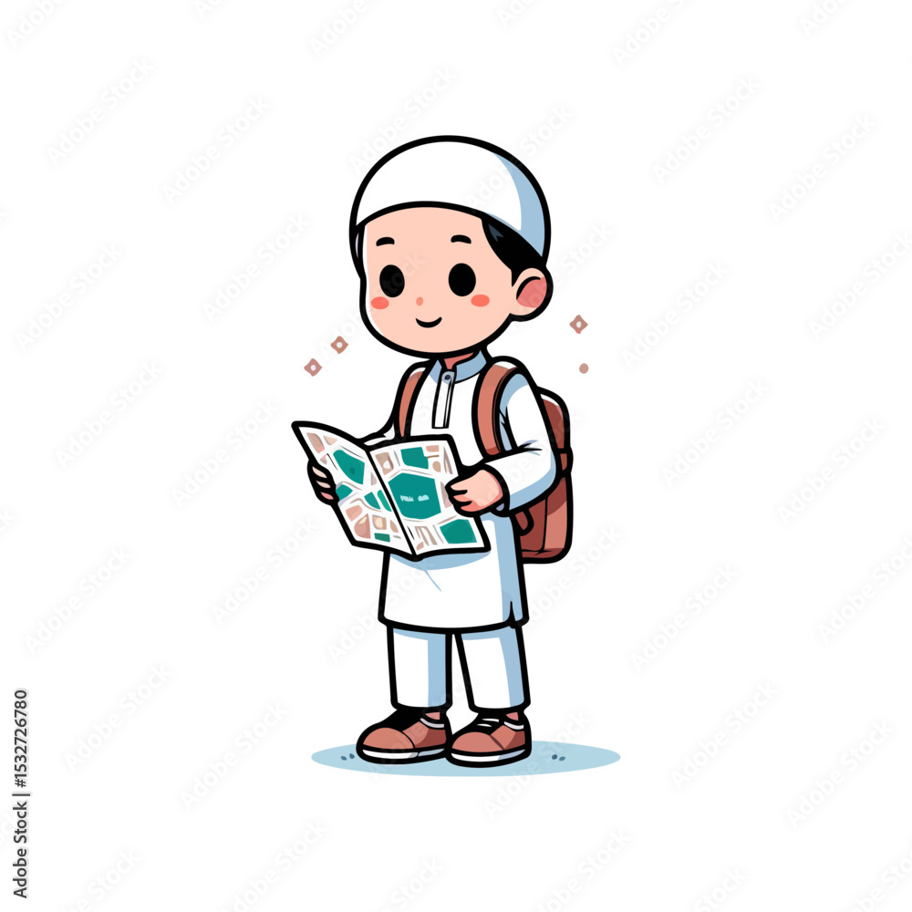 A Muslim Boy's Joyful Travel Adventure: Exploring New Places with a Map and Backpack A Muslim Boy's Joyful Travel Adventure: Exploring New Places with a Map and Backpack