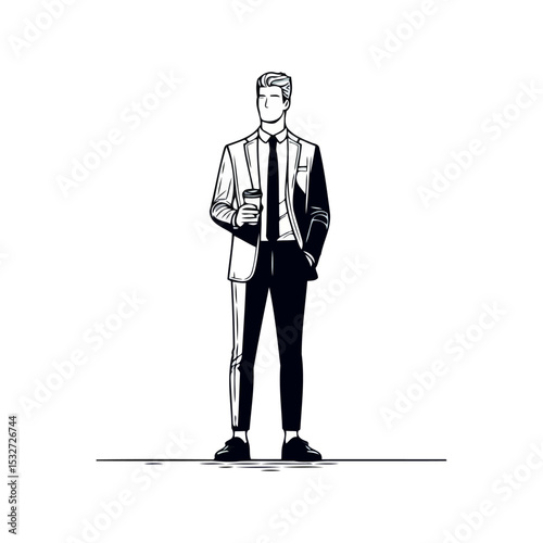 Sophisticated Businessman in a Stylish Suit Enjoying Coffee: A Modern Minimalist Illustration