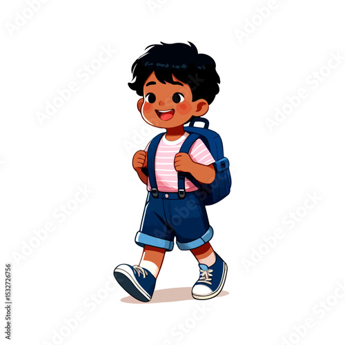 A Happy Schoolboy Walking to School with Backpack. Joyful Cartoon Illustration of a Cute Child.