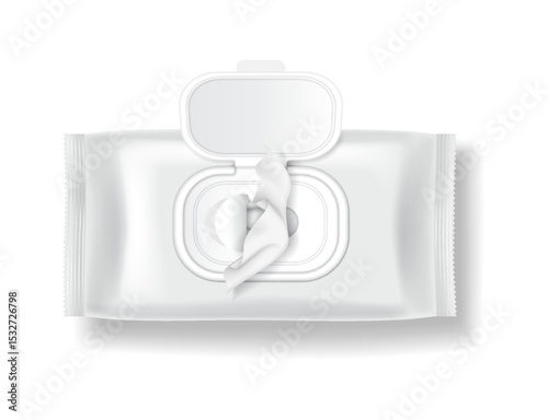 Detailed illustration of white wet wipe packaging. Realistic design in monochrome colors. Ideal for hygiene products and branding templates.