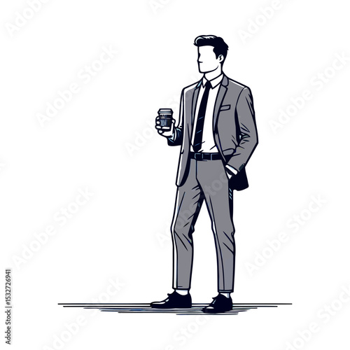 A stylish businessman in a gray suit holding a coffee cup.  A professional image depicting corporate style and success.