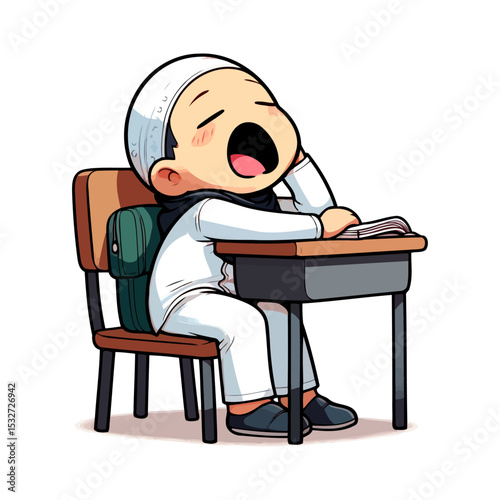 Sleepy Muslim Schoolboy: Adorable Cartoon Illustration of a Tired Child at School Desk