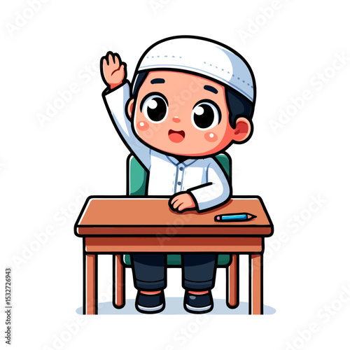 A Muslim Boy Raises His Hand in Class, Eager to Learn and Participate in Education
