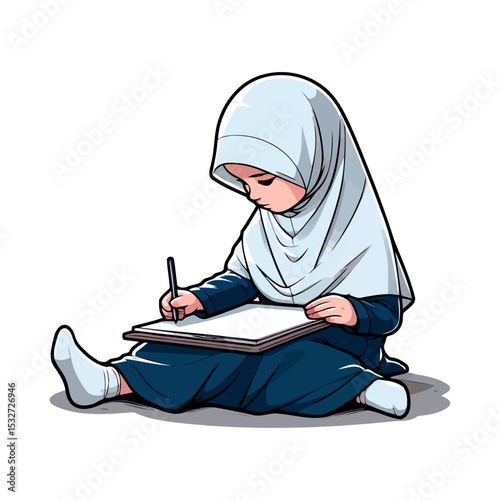 A Young Muslim Girl in Hijab, Focused on Drawing in her Notebook