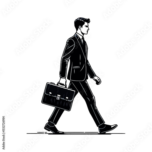 A stylish businessman strides confidently, briefcase in hand, embodying professional success and urban elegance.