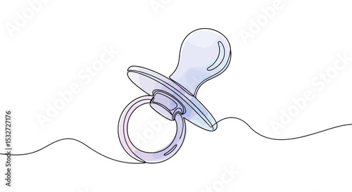 Pacifier one line drawing with watercolor fill, minimalistic vector illustration on white background