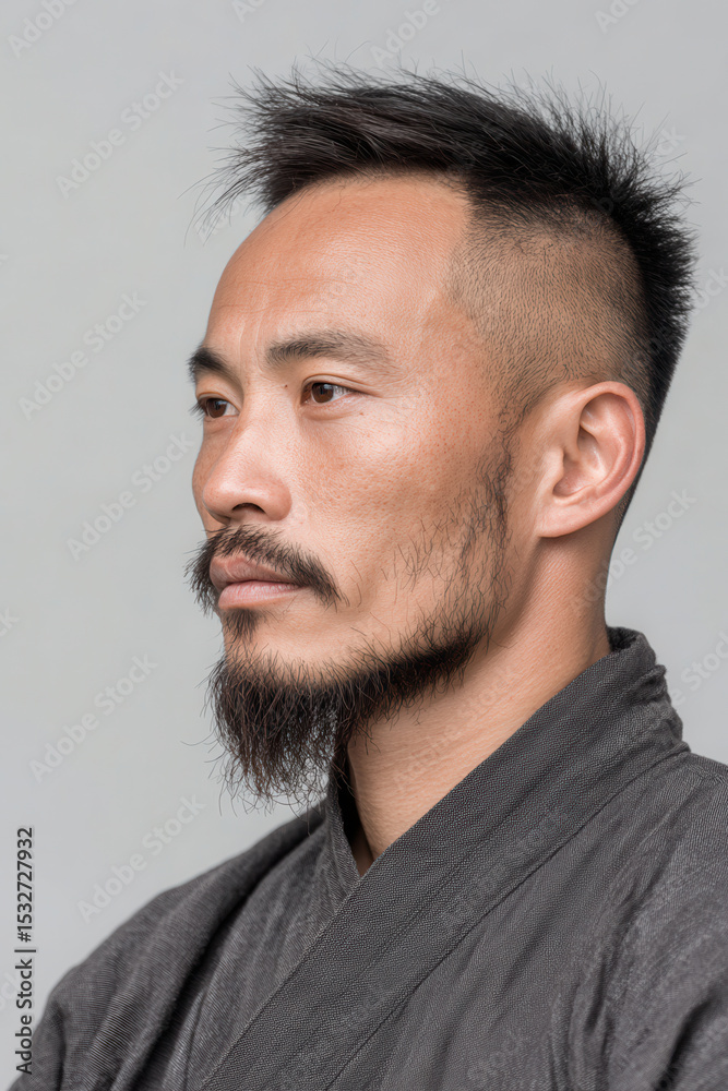 Fototapeta premium focused hapkido practitioner on right side of frame with clean light gray background