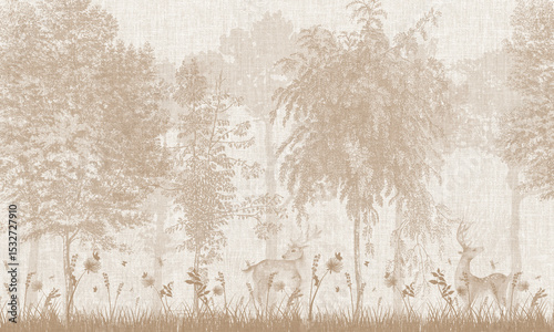 Aged Wildlife Wall Mural: Faded Sepia Deer, Trees & Abstract Forest Background