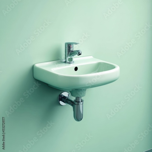 Pale green ceramic wall-mounted sink with chrome faucet and visible trap