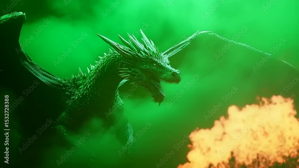 Majestic green dragon soaring through a smoky sky, breathing fire amidst a mystical landscape