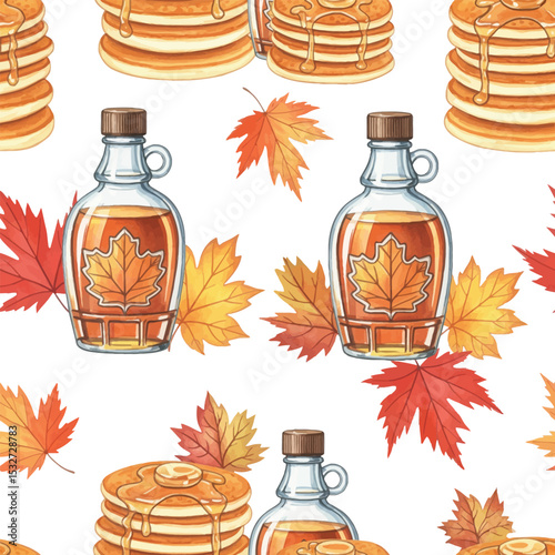 Watercolor Maple Syrup and Pancakes Seamless Pattern