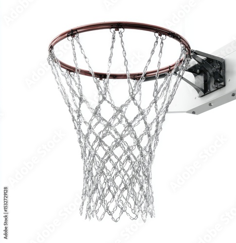 A close-up of a basketball hoop with a white nylon net and a reddish-brown metal rim, mounted on a white backboard photo