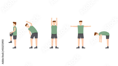 Flat illustration of a man doing warm-up stretches before workout. Perfect for fitness, health, and sports content.