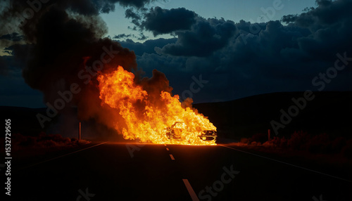 A car engulfed in flames on a dark highway, billowing smoke and flames into the night sky, creating a dramatic and intense scene
