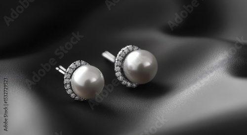 Pearl Studs: Elegant pearl studs, each adorned with shimmering accents, rest on a luxurious fabric, capturing the essence of refinement and understated beauty.