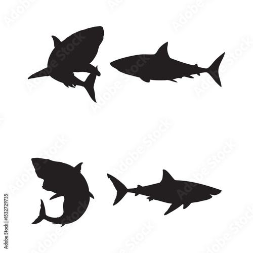 Black Shark Silhouette Set  Swimming Shark Vector Icons Collection Isolated on White Background