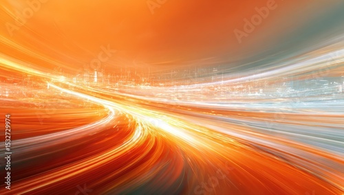 Abstract image of a city at night with glowing light trails suggesting speed and movement, creating a dynamic and energetic composition