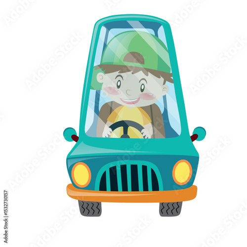 Cheerful boy wearing a cap drives a turquoise car with an orange bumper