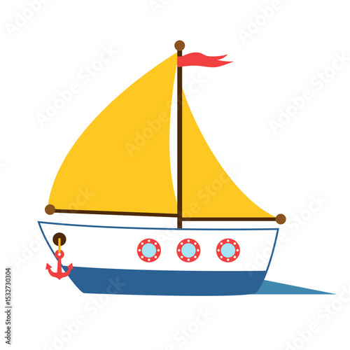 Cheerful cartoon sailboat with yellow sails and a red anchor illustration