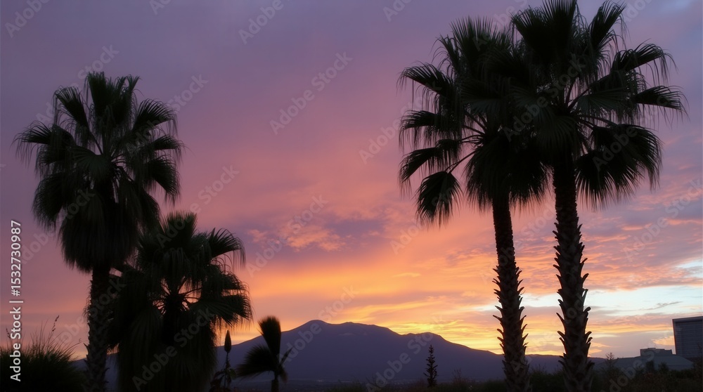 Obraz premium Tropical beach sunset with palm trees, golden sunlight reflecting on ocean waves and footprints in the sand creating a relaxing scenery