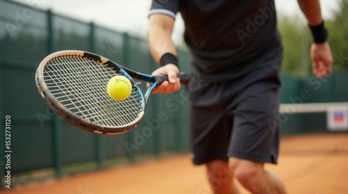 Tennis in Action: A tennis player, in mid-stroke, sends the ball flying across the court. This photograph captures the dynamic action and dedication of the player.
