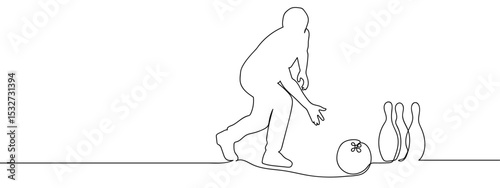 Continuous line. Person playing bowling. Vector lines, cut background, editable strokes.
