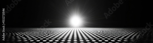 A bright white light glows on the horizon above a black surface patterned with white dots  creating a futuristic and abstract visual effect