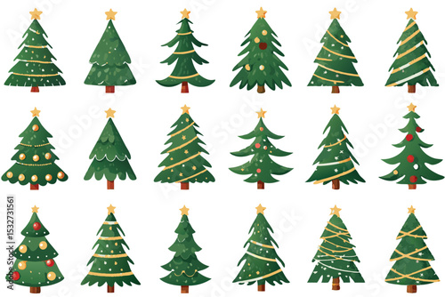 Collection of Fifteen Watercolor Christmas Trees with Stars and Decorations on White