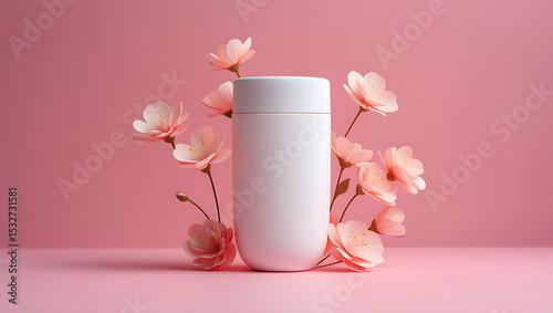 Minimalist product mockup of a white tumbler surrounded by delicate pink cherry blossoms
