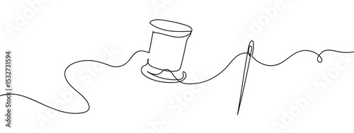 Continuous line, sewing needle and thread spool Vector lines, cut background, editable strokes.