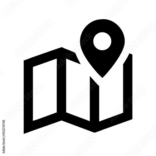 A simplistic map with a location pin, pointing out an important destination. An icon showing navigation and direction