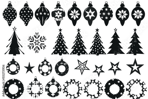 Collection of Black and White Christmas Ornament Silhouettes on a White Background