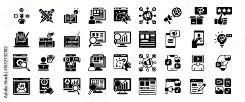 Black and White Digital Marketing Icons Set Website Content Strategy