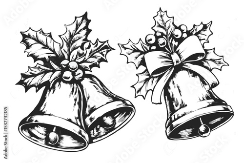 Elegant Christmas Bells with Holly and Bow Black and White Illustration