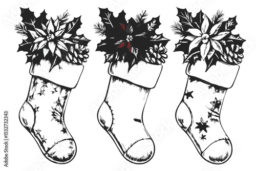 Three Christmas Stockings with Poinsettias and Pine Cones Black and White