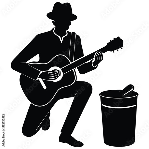 Street Musician Silhouette Kneeling Guitarist Playing Acoustic Music