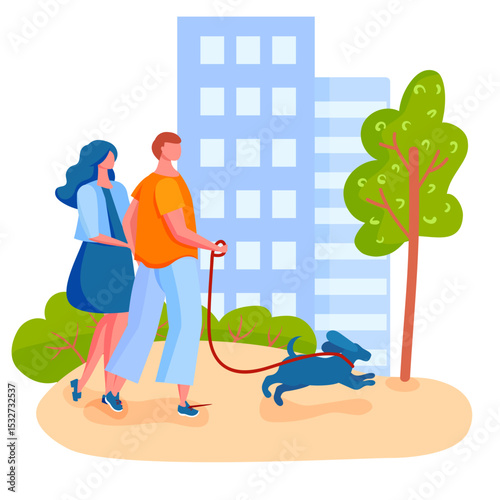 Couple walking dog on leash in city park with buildings and trees around