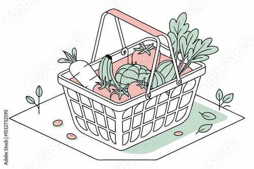 Isometric illustration of shopping basket filled with assorted vegetables